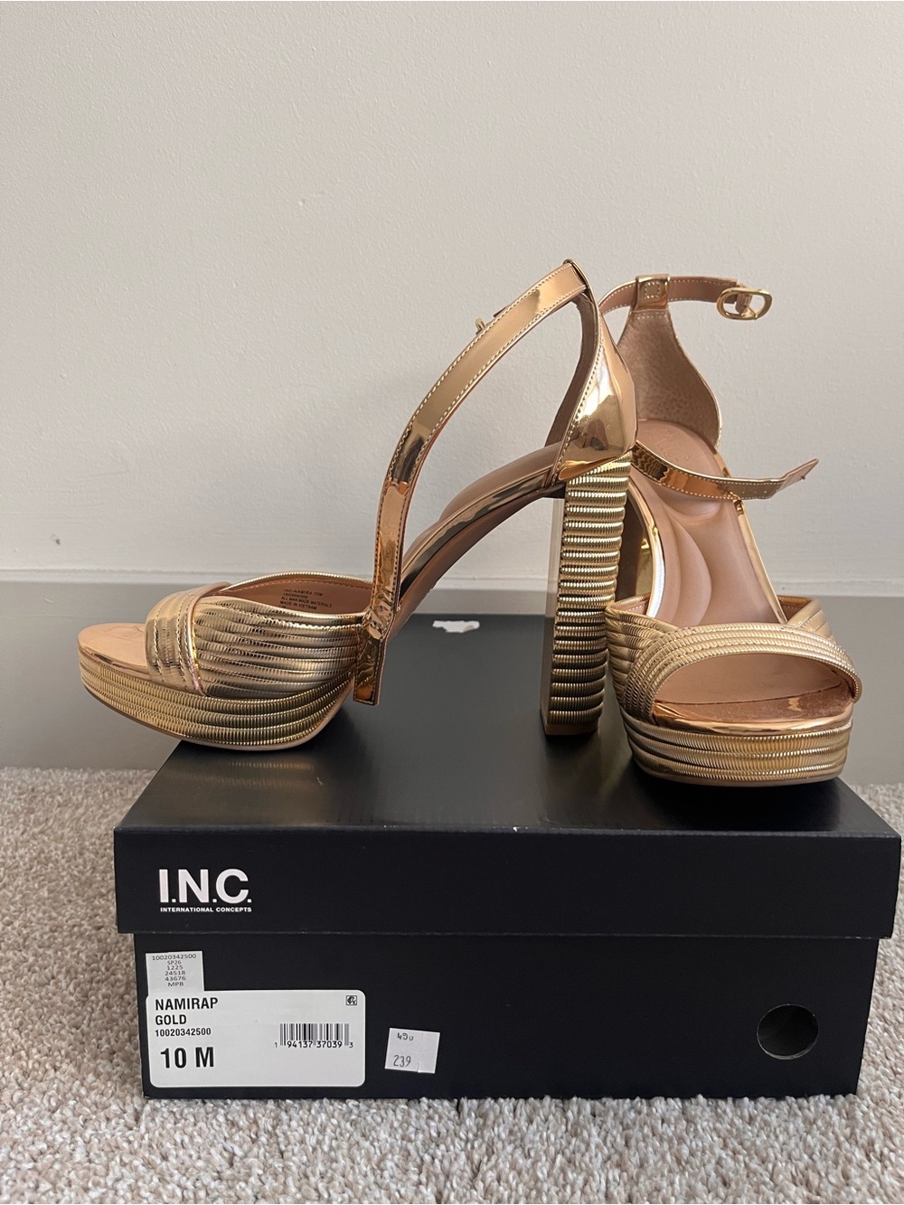 INC International Concepts Metallic Gold Platform Block Heel Sandals